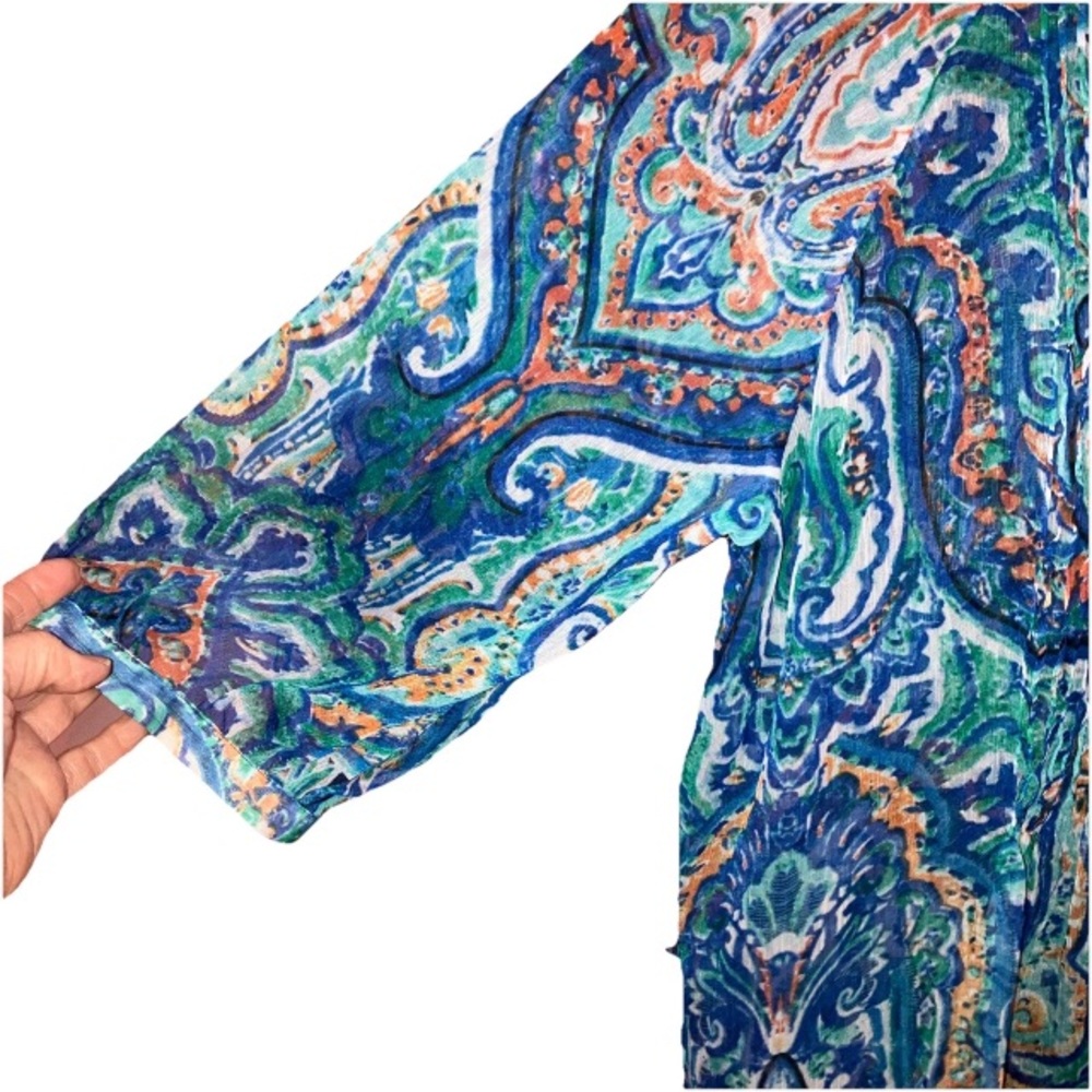 Ralph Lauren Women’s Blue Paisley Half Sleeve Pleated Chiffon Poets Blouse Large - Picture 9 of 10